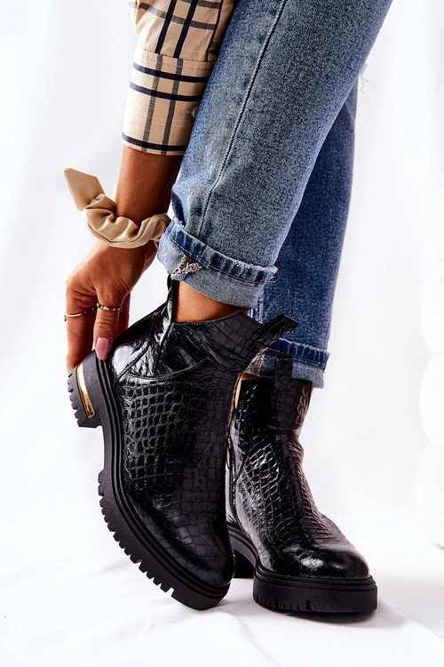 Skórzane Botki Ocieplane Krokodyl Czarne Tanya