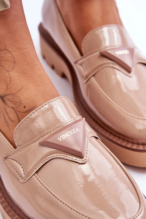 Lakierowane Damskie Mokasyny Na Platformie Z Ozdobą Beżowe Jonett