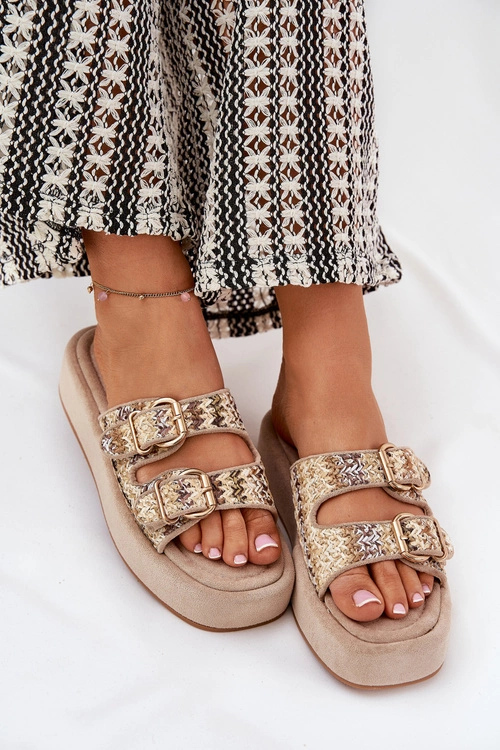 Klapki Damskie Na Platformie Z Klamrami I Plecionką Khaki Limme