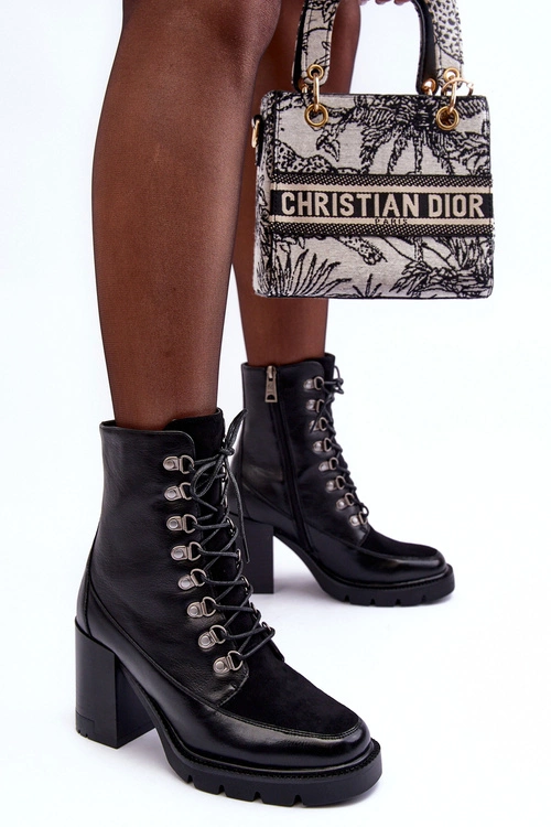 Masywne Sznurowane Botki Na Słupku Czarne Lathia