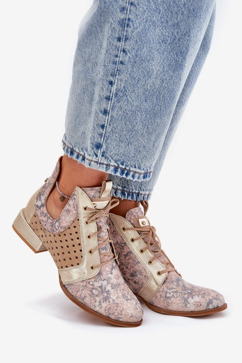 Skórzane Botki Trzewiki Maciejka 05541-04 Beżowo-Złote