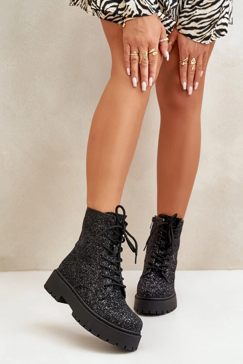 Ocieplane Botki Workery Damskie Ozdobione Cekinami Czarne Liatheine