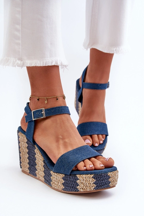 Jeansowe Sandały Damskie Na Koturnie Z Plecionką Niebieskie Reviala