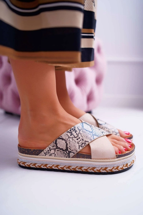Klapki Damskie Na Platformie Beż Snake Greta