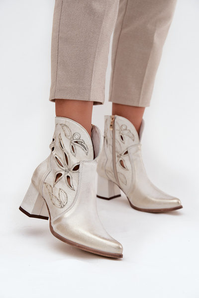 Skórzane Ażurowe Botki Damskie Na Słupku Zazoo 3647 Złoty Przecierany