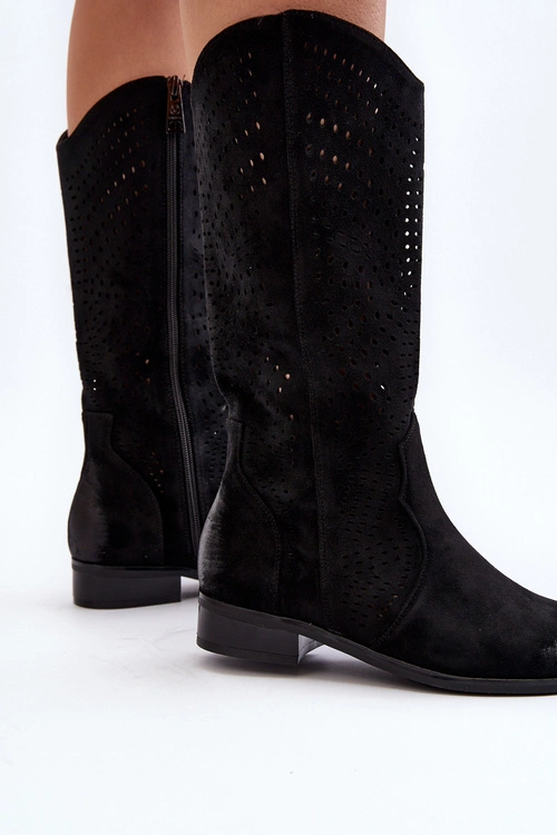 Ażurowe Kozaki Do Połowy Łydki Czarne Kleorelia