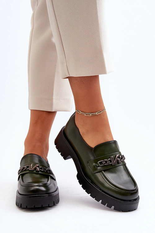 Skórzane Mokasyny Damskie Z Ozdobą Ciemnozielone Loraleima