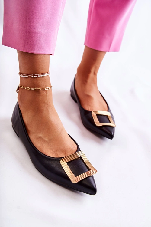 Skórzane Baleriny Z Ozdobą W Szpic Czarno-Złote Simone