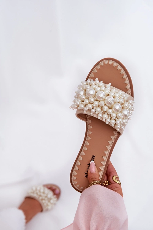 Klapki Damskie Płaskie Z Ozdobnymi Koralikami Beżowe Aricca