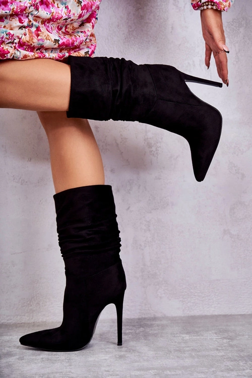 Damskie Marszczone Botki Kozaki Czarne Laguna