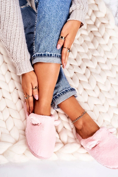 Damskie Futrzane Papcie Z Uszami Jasny Róż Hippo