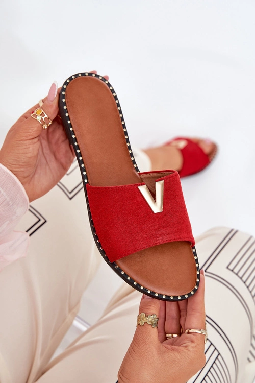 Klapki Damskie Na Płaskim Obcasie Z Ozdobnymi Detalami Czerwone Saliena