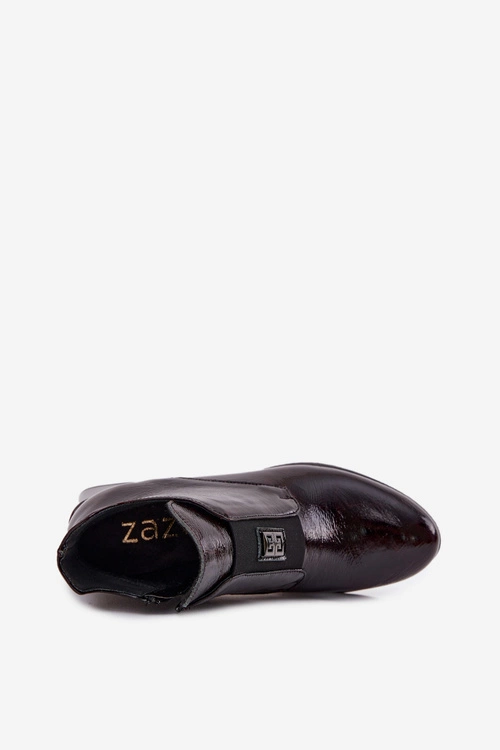 Skórzane Lakierowane Botki Na Klocku Z Ozdobnym Detalem Ocieplane Zazoo 60560 Bordowe