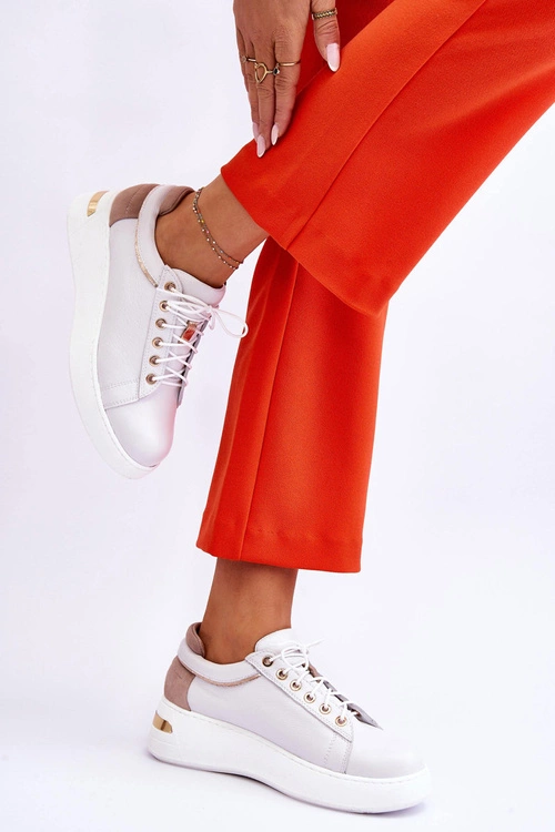 Damskie Skórzane Buty Sportowe Na Platformie Białe Caressa