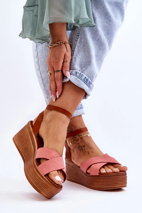 Damskie Wygodne Sandały Na Koturnie Brązowo-Różowe Laurie