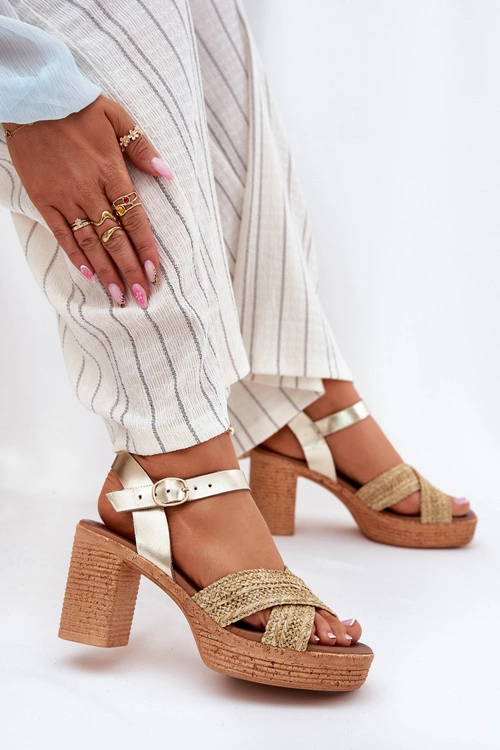Skórzane Sandały Na Słupku Z Plecionką Na Paskach Zazoo 40460 Złote