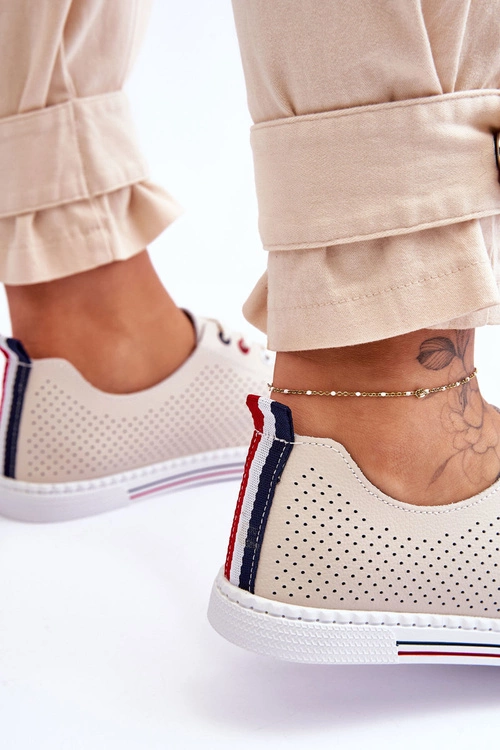 Damskie Ażurowe Skórzane Trampki Beżowe S.Barski LR952