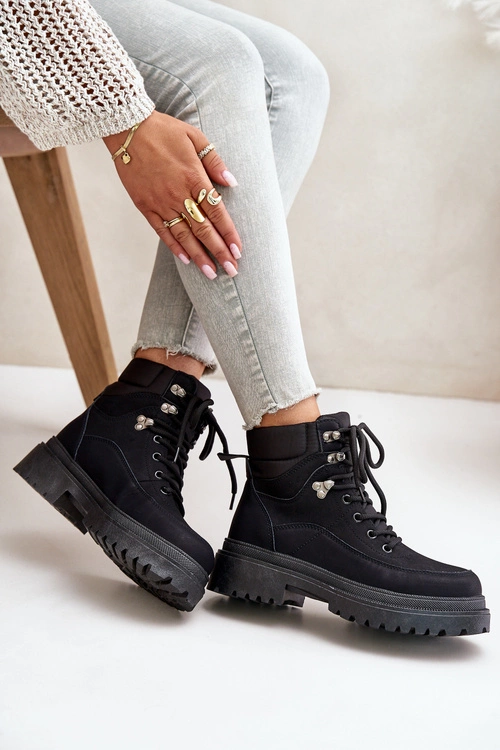 Botki Trapery Damskie Sznurowane Czarne Rabaria