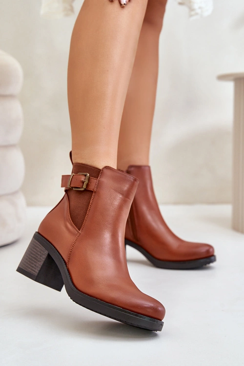 Ocieplane Botki Na Obcasie Eko Skórzane Z Klamrą Camel Eriliana