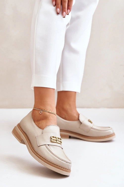 Zazoo 20174 Skórzane Eleganckie Półbuty Damskie Na Płaskim Obcasie Beżowe