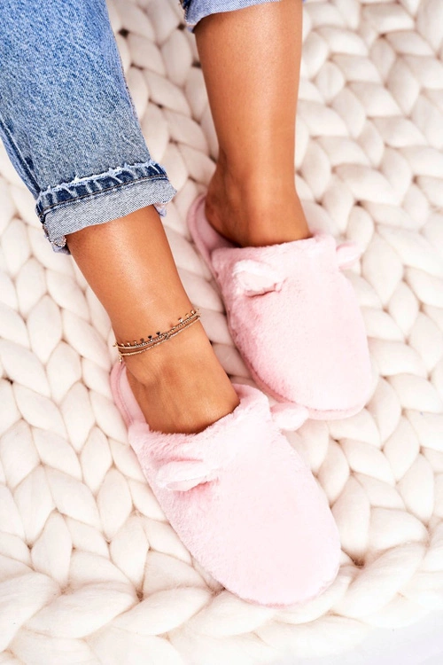 Damskie Futrzane Papcie Z Uszami Jasny Róż Hippo