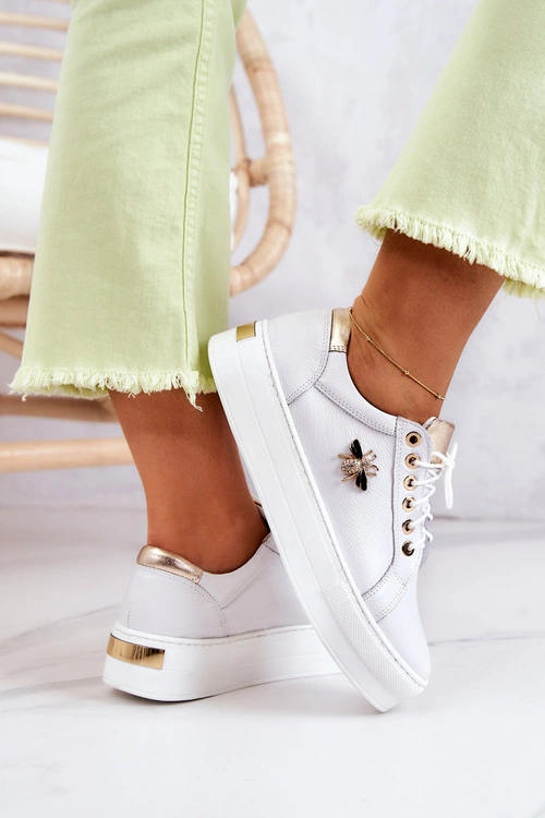 Skórzane Buty Sportowe Na Platformie Białe Bellisia