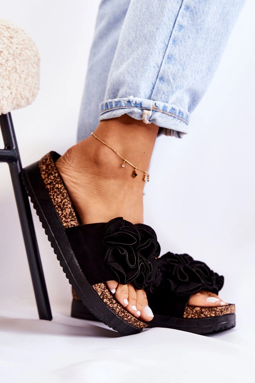 Damskie Zamszowe Klapki Z Ozdobą Czarne Nemis