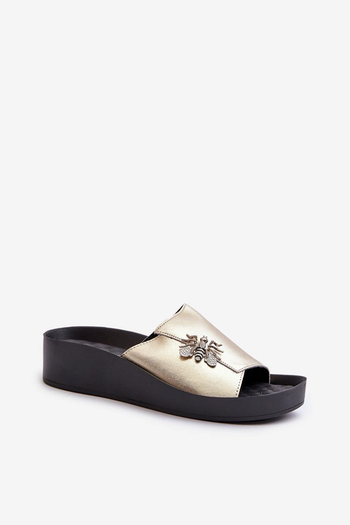 Eleganckie Klapki Damskie Z Ozdobą Skóra Naturalna S.Barski KV27-015 Złote
