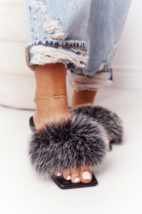 Skórzane Klapki Z Futerkiem Czarno-Białe Love You So