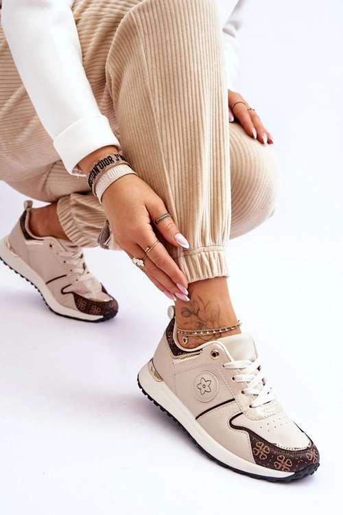 Modne Skórzane Buty Sportowe Beżowo-Brązowe Rachel