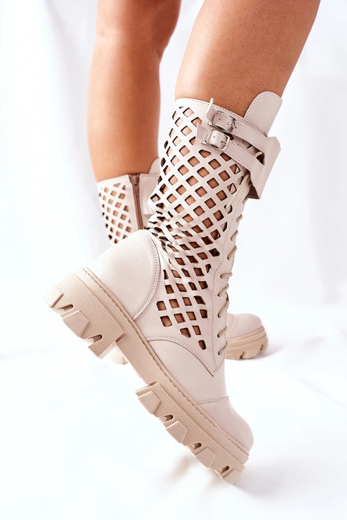 Damskie Skórzane Ażurowe Botki Trapery Beżowe Hootie