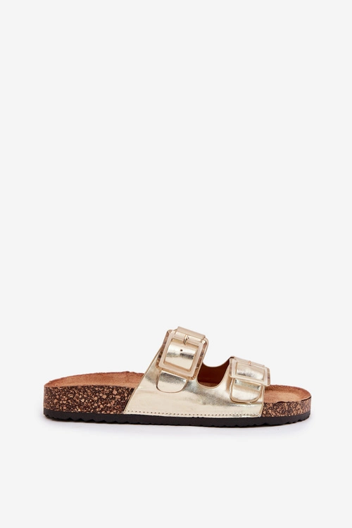 Klapki Damskie Z Klamrami Na Korkowej Podeszwie Złote Sercele