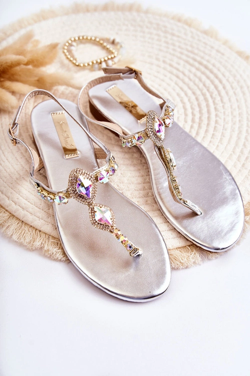 Damskie Modne Sandały Japonki Z Ozdobnymi Dżetami Srebrne Bellia