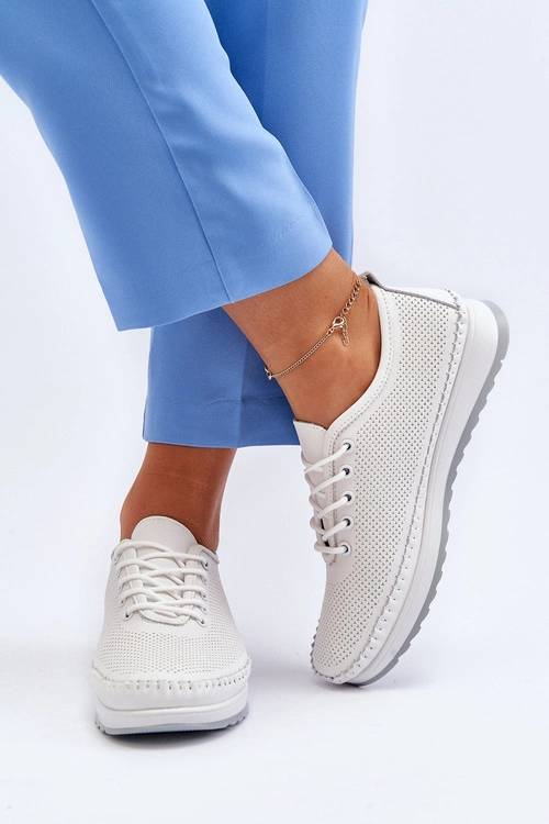 Skórzane Sportowe Buty Trampki Damskie Białe Lalnai