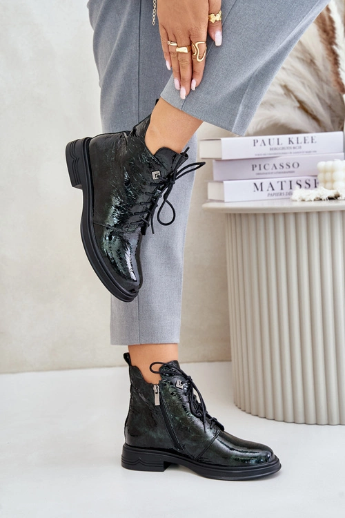 Skórzane Lakierowane Botki Damskie Ocieplane Na Zamek D&A LZ42-042 Ciemnozielone