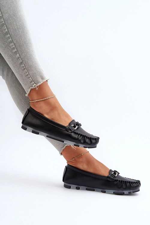 Skórzane Mokasyny Damskie Z Ozdobą Czarne S.Barski LR339