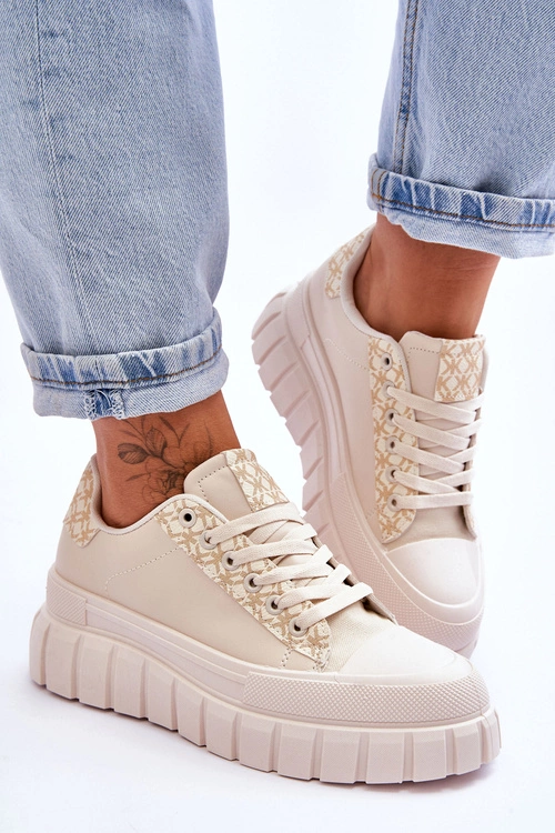 Damskie Skórzane Buty Sportowe Na Platformie Beżowe Alison