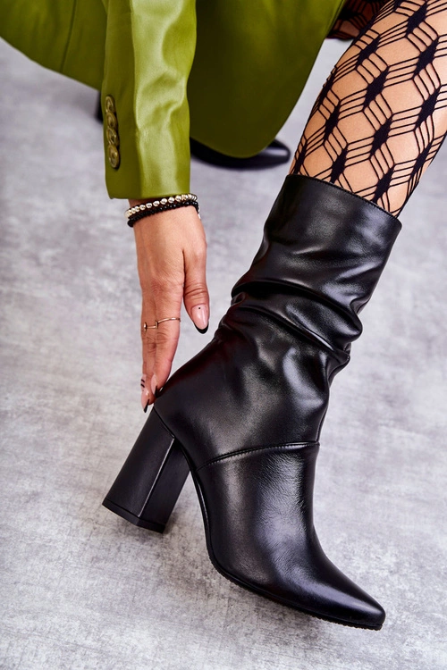 Skórzane Botki Na Obcasie Laura Messi 2560 Czarne