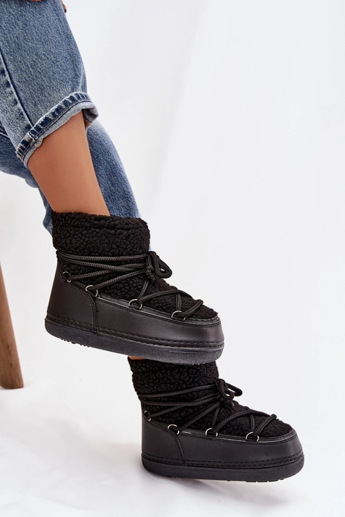 Śniegowce Damskie Z Futerkiem Typu Baranek Wiązane Czarne Belira