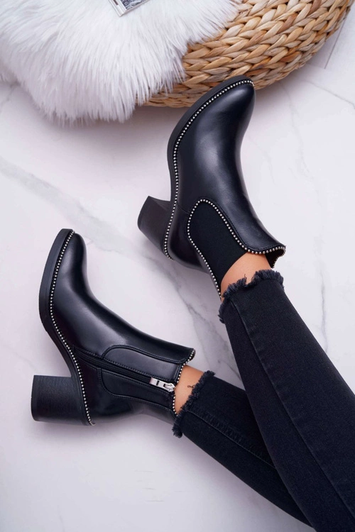 Botki Damskie Na Obcasie Z Dżetami Czarne Rhythmic