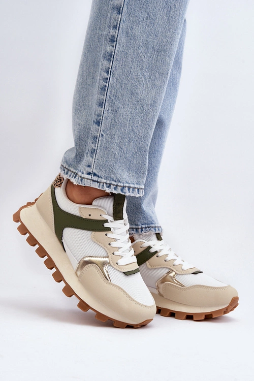 Sneakersy Buty Sportowe Damskie Beżowo-Zielone Ralita