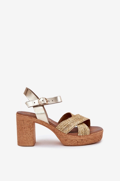 Skórzane Sandały Na Słupku Z Plecionką Na Paskach Zazoo 40460 Złote