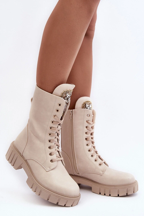 Skórzane Botki Workery Z Biżuteryjną Ozdobą Beżowe Marx