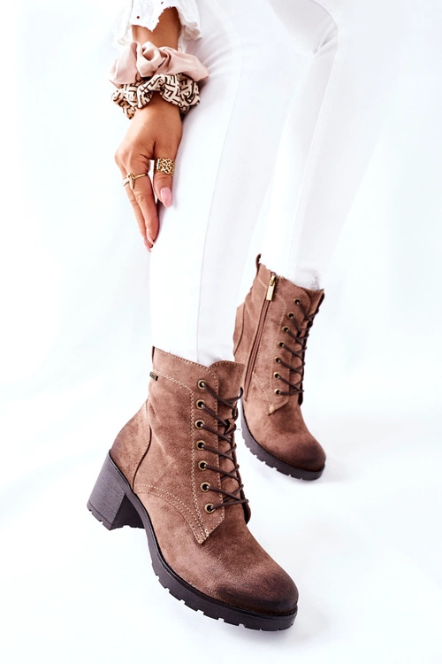 Botki Damskie Na Słupku Ocieplane Zamszowe Beżowe Dunaff