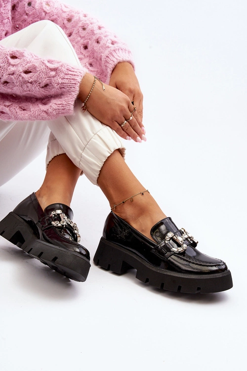 Damskie Lakierowane Mokasyny Z Ozdobą Czarne Arsaba