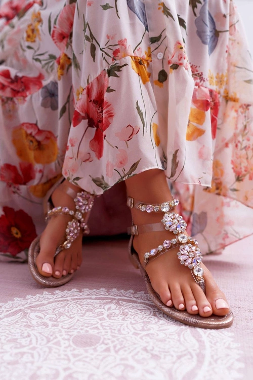 Sandały Damskie Płaskie Z Cyrkoniami Champagne Karra