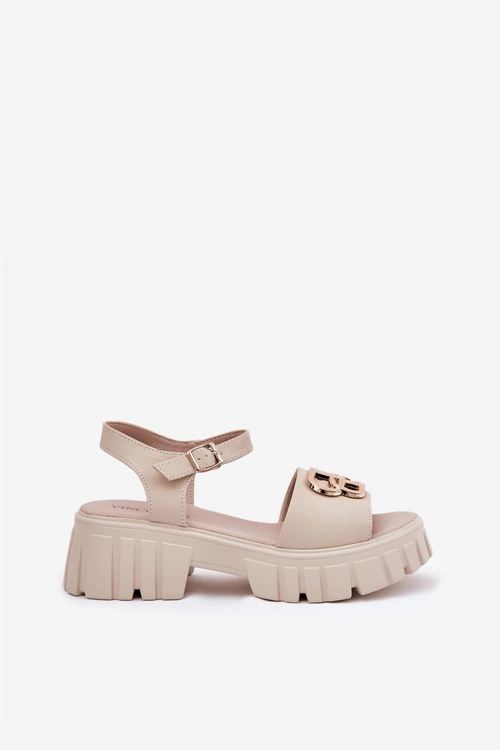 Skórzane Sandały Damskie Ze Złotym Detalem Vinceza 79541 Beżowe