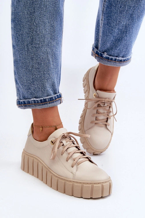 Zazoo 2919 Damskie Skórzane Półbuty Na Grubej Podeszwie Beżowe