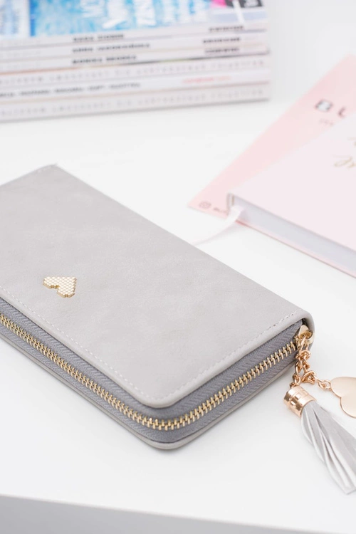 Szary Damski Duży Portfel Brelok Złote Serce
