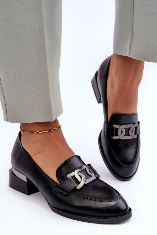 Skórzane Półbuty Mokasyny Na Obcasie Czarne Sakina